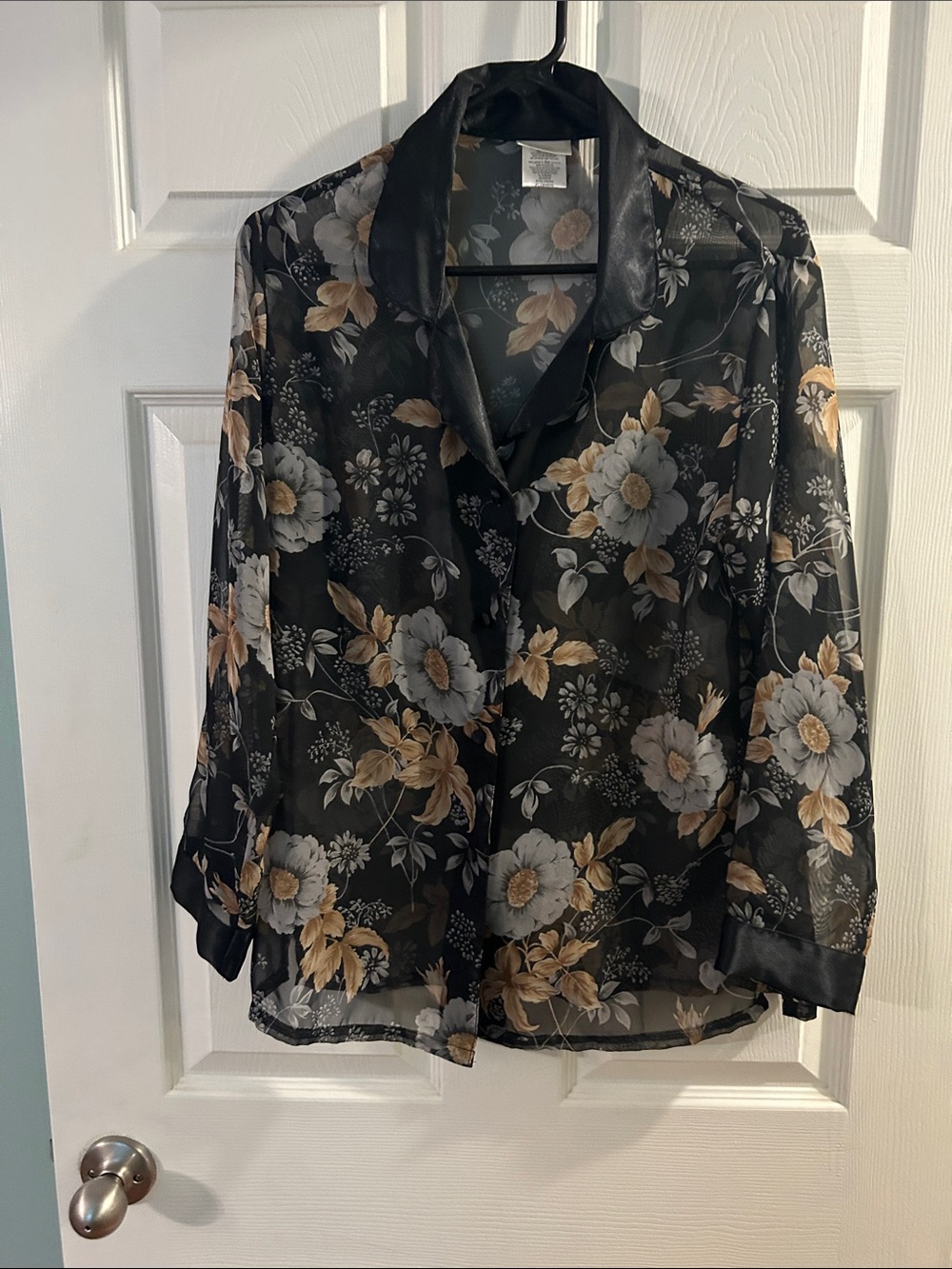 Secret Treasures Sheer Black Floral Button-Up Blouse